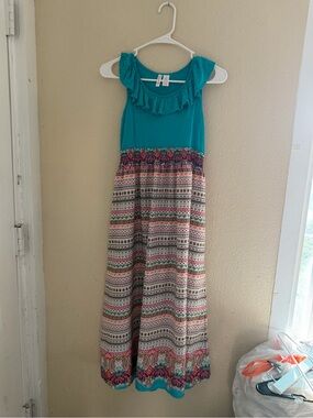 Japna Teal Ruffle Bodice Patterned Maxi Dress